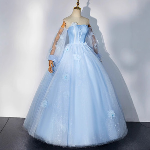 Blue Strapless Ball Gown Tulle Dress With 3D Floral Print Empire Waistline For Wedding Evening Events - Product Image 3