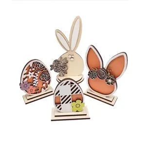 New Easter bunny wooden ornaments home decor crafts painted easter egg flowers wooden craft desktop party decorations