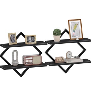 Iron And Solid Wood <b>Wall</b> <b>Mounted</b> <b>Shelf</b> Diamond Shape 2 Tier Storage Rack For Living Room Bedroom Decorative Display - Product Image 2