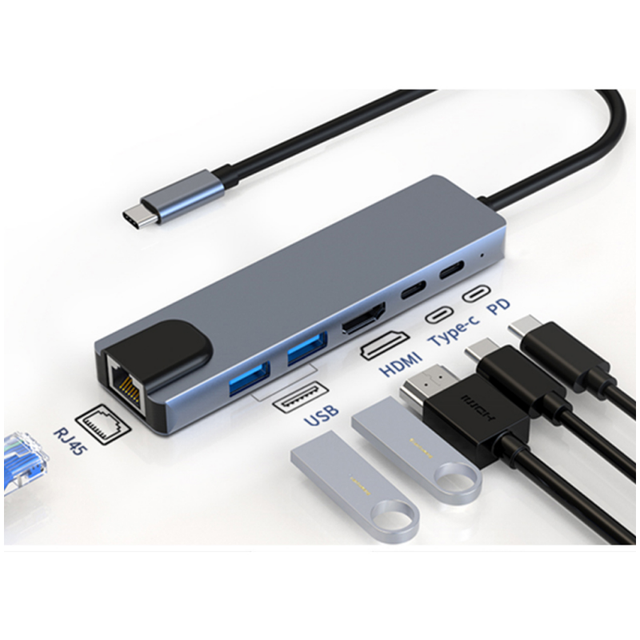 6-in-1 Multifunctional USB C Hub HDMI 4K 30Hz/60Hz Type-C Adapter for HDTV Phone TF SD RJ45 Interface Charging for Laptop Stand