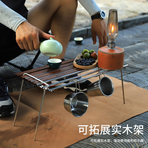 Mesa de Camping Plegable Rectangular de Acero Inoxidable con Estructura de Madera de Haya, para Picnic y Café, con Soporte para Lámpara - Product Image 4