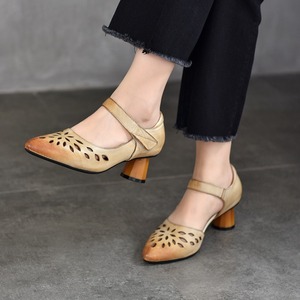 Zapatos de tacón alto cómodos y a la moda para verano, sandalias con punta abierta y orificios, hechas de cuero genuino de vaca, sandalias huecas. - Product Image 4