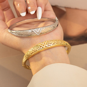 Gold Plated <b>Copper</b> Bangle Double V Design Stackable <b>Bracelet</b> For Women Fashion Jewelry Accessory - Product Image 1
