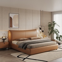 Lit double Queen Size en cuir Nappa pleine fleur souple nordique, véritable cuir de vachette, avec cadre en bois, résistant à l'usure et aux taches