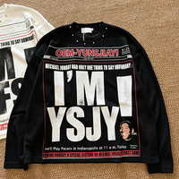 T-shirt imprimé graphique streetwear personnalisé, 100 % coton, manches longues, coupe ample, effet délavé