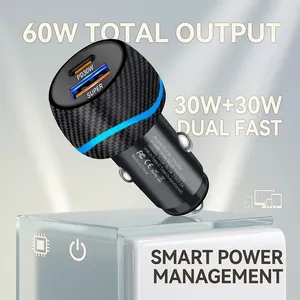 Chargeur de voiture double port 60W style fibre de carbone USB C PD 30W QC3.0 Charge rapide Adaptateur allume-cigare Chargeur de voiture - Product Image 6