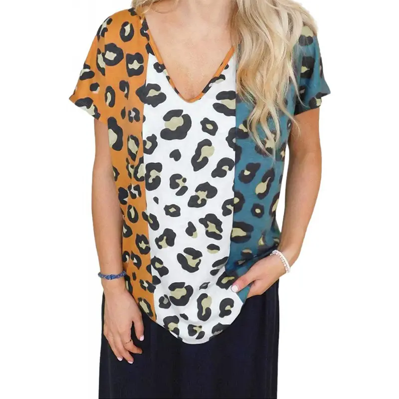 Ready To Ship Leopard Print Color Block V-neck Blouse Women's T-shirt Summer Ladies Tshirt Short Sleeve Tee