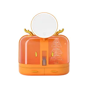 Boîte de rangement pour cosmétiques clous d'oreilles support de rangement rouge à lèvres avec étagères de soins de la peau anti-poussière légères coiffeuse miroir