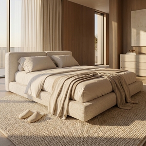 Lit plateforme moderne minimaliste en tissu bouclé crème avec tête de lit capitonnée pour <span class=keywords><strong>suite</strong></span> d'hôtel et mobilier de chambre - Product Image 1