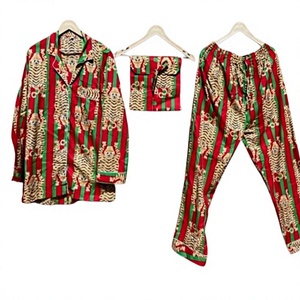 Pijama de algodón de 2 piezas con estampado de rayas rojas y verdes, manga larga, cuello vuelto, ropa de dormir cómoda para invierno, lavable a máquina - Product Image 1