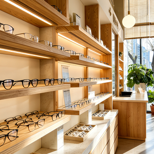 Negozio di vendita al dettaglio ottico contemporaneo con mensole aperte a gradini e vetrine luminose rotonde - Product Image 3