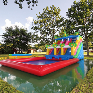Khủng Long Đầy Màu Sắc Trẻ Em <span class=keywords><strong>Inflatable</strong></span> Công Viên Nước Trượt Với Hồ Bơi Để Bán - Product Image 1