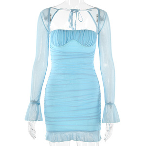 Robe moulante dos nu en maille à manches longues pour femme, décolleté cœur, jupe courte, robe de club translucide - Product Image 5
