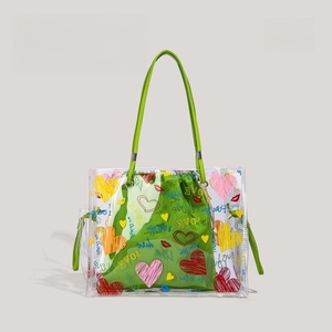 Bolso de hombro esmerilado de PVC de 15 pulgadas para mujer, bolso de gelatina de viaje por sublimación de gran capacidad, bolso de mano personalizado con hilo verde - Product Image 1