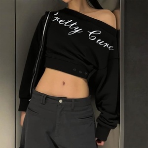 Y2K nero con <span class=keywords><strong>spalle</strong></span> <span class=keywords><strong>scoperte</strong></span> Casual felpa a costine Pullover con scritta personalizzata con grafica a maniche lunghe t-Shirt Top da donna - Product Image 2