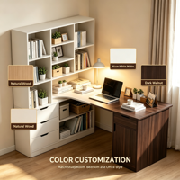 Bureau d'angle en L personnalisé avec bibliothèque, étagères, tiroirs et armoire de rangement, finition bois clair, poignées en relief, pour bureau à domicile