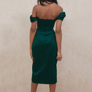 Ropa de mujer, moda personalizada, vestidos pequeños de cóctel, <span class=keywords><strong>vestido</strong></span> Midi fruncido <span class=keywords><strong>verde</strong></span> <span class=keywords><strong>esmeralda</strong></span>, servicio OEM, fiesta tejida para adultos - Product Image 6