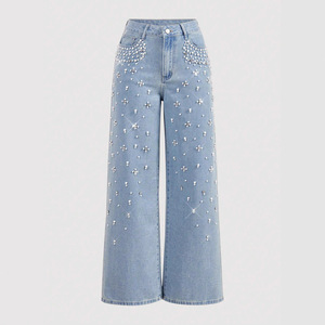 Jeans da Donna a Gamba Larga con Perle e Strass, Vita Alta, Stile Y2K, Vestibilità Ampia e Trendy - Product Image 2