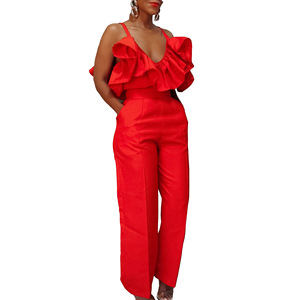 ชุดเซ็ต 2 ชิ้น เสื้อคอวีแต่งระบายแบบผูกคอ กางเกงเอวสูง แฟชั่นสำหรับผู้หญิงสไตล์แอฟริกัน - Product Image 3