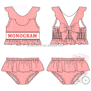 Vendita calda toddler girls costume da bagno seersucker 2 pezzi costume da bagno foderato smocked con monogramma i bambini indossano <span class=keywords><strong>bikini</strong></span> con volant smerlato - Product Image 2