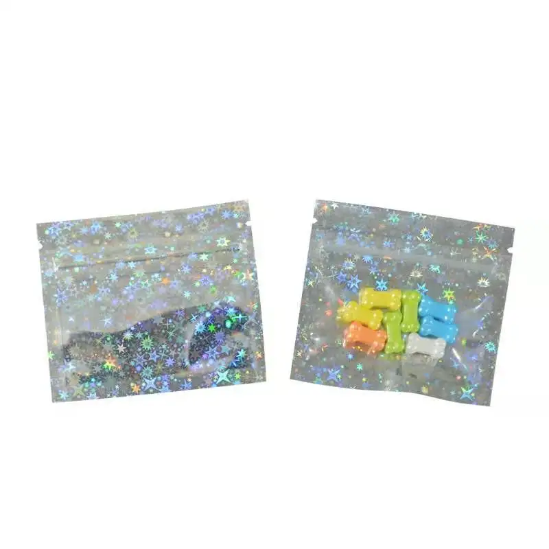 Custom Logo Shiny Star Clear Transparent Plastic Mylar Cosmetic Holographic Ziplock 3サイドシールBag