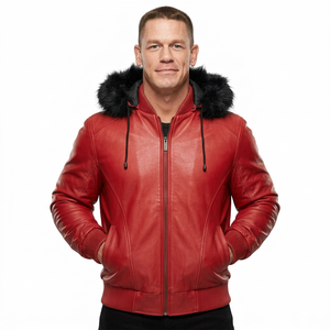 Red Hooded Leather Jacket <b>Men</b> Casual Winter Zip Up Biker <b>Coat</b> with <b>Fur</b> Trim Regular Fit - Product Image 1