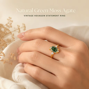 Wholesale 925 Silver Jewelry Retro Gemstone <strong>Ring</strong> Gold Plated Hexagon Shape Natural Green <strong>Moss</strong> <strong>Agate</strong> Round CZ Statement <strong>Ring</strong> - Product Image 4