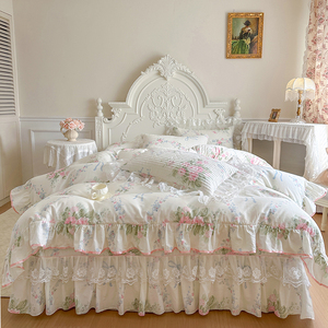 <span class=keywords><strong>Parure</strong></span> <span class=keywords><strong>de</strong></span> <span class=keywords><strong>lit</strong></span> 4 pièces en coton 100% style français, <span class=keywords><strong>avec</strong></span> volants en dentelle et motifs floraux, style princesse, pour la maison - Product Image 2