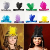 Serre-tête élastique de performance style ethnique indien en plumes d'autruche avec sequins et strass, idéal pour les fêtes - Vente en gros