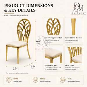 Leaf Fan Back Gold Stainless Steel Wedding <b>Chair</b> with <b>White</b> Cushion for Banquet and Hotel Events Wholesale Seating - Product Image 5