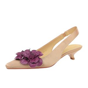 5129-H57 français haut <span class=keywords><strong>sens</strong></span> chaussures simples pour femmes pointu fleur conception mi-talon Satin arrière vide voyage ceinture PU pas fatigué été - Product Image 3