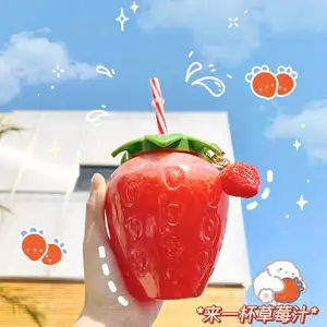 eco friendly cute kawaii clear plastic sraw drinking strawberry cold milk water cup bottle for kids school girls children