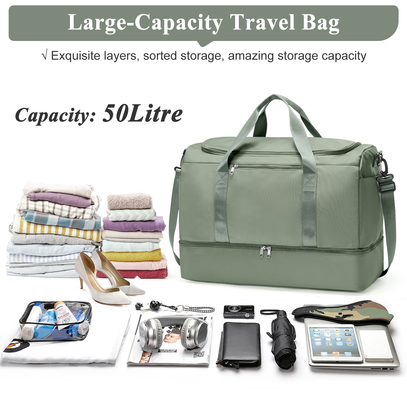 Unisex Lightweight Travel Duffel – Soft Fashion Gym Bag with Shoe Compartment - View 2