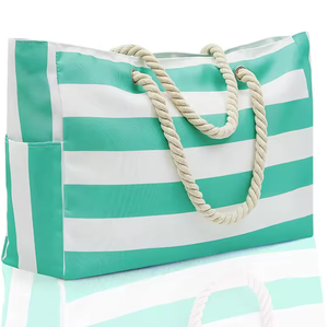 Bolsa de compras de lona ecológica con logotipo personalizado, bolsa de playa a rayas con asa de cuerda de gran capacidad. - Product Image 5