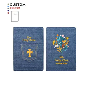 Factory Supplier New Product Design Denim Cloth Bible Book Printing Custom Hot Stamping Embroidery Cloth Bible