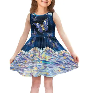 थोक टॉडलर लड़कियों लक्जरी नीले मोती तितली पॉलिएस्टर लुभावनी टैंक पोशाक के साथ लड़कियों के लिए जन्मदिन के उपहार