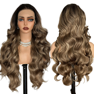 Pelucas sintéticas con encaje frontal, 13*6, parte suiza libre, pre-arrancadas, largas, rizadas, con ondas sueltas, raíz negra, color lino, rubias - Product Image 3