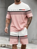 T-shirts pour hommes : Ensemble de t-shirts pour hommes : Ensemble deux pièces d'été en polyester avec t-shirt à manches courtes imprimé lettres et short