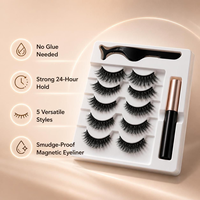 Kit de faux cils tout-en-un, 5 paires de cils magnétiques réutilisables avec applicateur, pince à épiler et eye-liner liquide imperméable