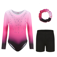 Ensemble de justaucorps de gymnastique pour filles B69, manches longues, dégradé rose, strass, short noir, chouchou pour cheveux, tenue de danse et d'entraînement pour enfants