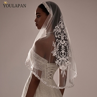 Voile de mariée YouLaPan brodé avec motif floral baroque et perles, accessoire élégant pour séance photo de mariage