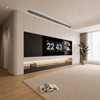 Système mural TV moderne de luxe à extrémités courbes, blanc mat et anthracite bicolore, avec foyer intégré, pour projet de villa