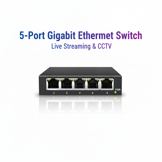 Commercial Grade Full-Duplex 5-Port 10Gbps Gigabit Ethernet Stackable Switch for Live Streaming & CCTV