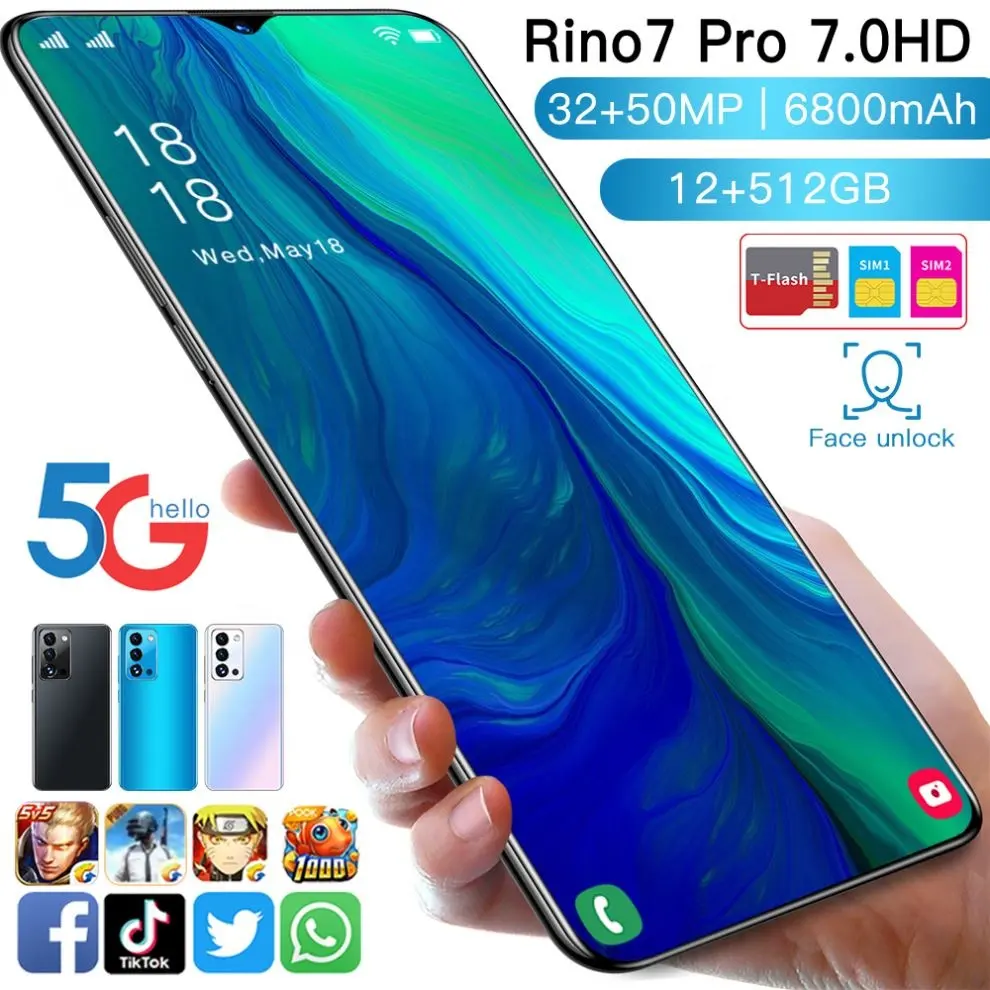 Neuer Rino7 Pro 7,0-Zoll-HD-Bildschirm 12GB RAM 512GB ROM entsperren Mobiltelefone Android-Smartphone mit Dual-Sim