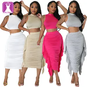 Desain terbaru warna Solid tanpa lengan Lace-Up Crop Top pinggang tinggi Falbala rok panjang Set 2 potong wanita musim panas