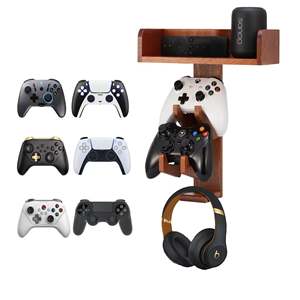 Wooden Wall Mounted <b>Storage</b> <b>Rack</b> Game Controller Holder Headphone Stand Solid <b>Wood</b> 3 Tier Punch Free Lacquered Finish - Product Image 1
