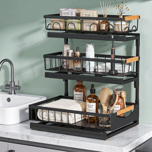 Panier de rangement sous évier en acier inoxydable noir, organisateur roulant à 3 niveaux avec poignée latérale pour salle de bain et cuisine - Product Image 3