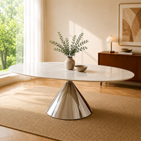 Table à manger ovale moderne et écologique en marbre avec piétement en acier inoxydable couleur champagne, 10 places, pour salle à manger de luxe