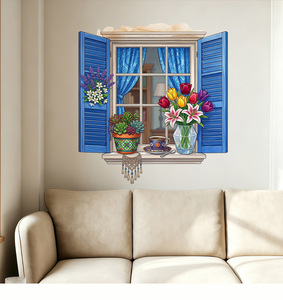 Pegatina de Pared 3D con Diseño de Ventana Azul - Calcomanía Colorida de Tulipanes, Suculentas y Taza de Café con Atrapasueños para Sala de Estar y Dormitorio H - Product Image 6
