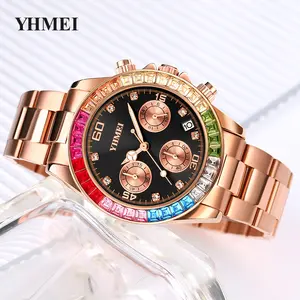Top Brand Waterproof Stainless Steel Luxury Watch Hip Hop Jewellery Seven Colours Diamond Set Watch Women